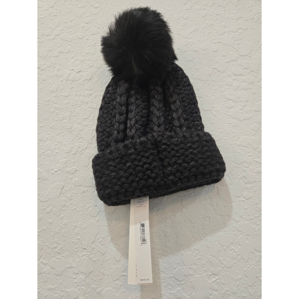 AQUA Charcoal Black Knit Beanie Hat‎ w/ Faux Fur Pom Bloomingdales Exclusive